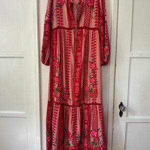 Farm Rio Embroidered Pineapple Strawberry Jacquard Split-Neck Maxi Dress, size M